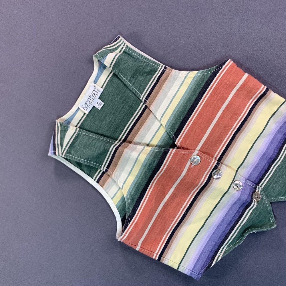 Karen Kane Vest Womens P Multicolor Striped V Neck Cropped Button Up Rainbow VTG